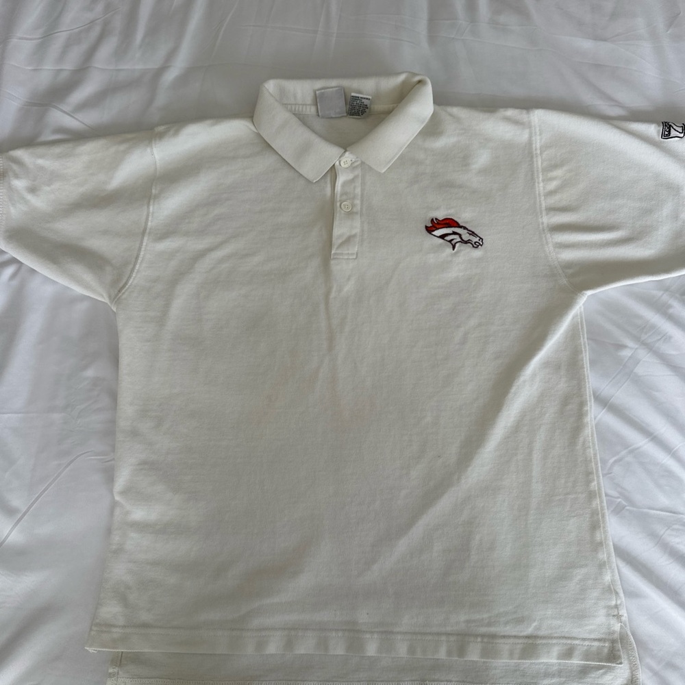 Logo 7 Denver Broncos Polo Mens Medium White‎ Vintage 90s NFL Football Gameday